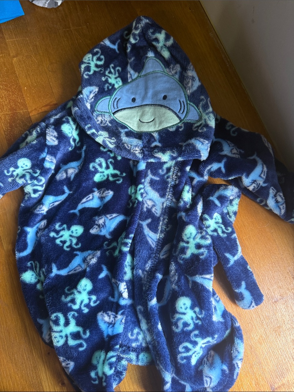 Plush Navy Blue Shark & Octopus Hooded Kids One-Piece
